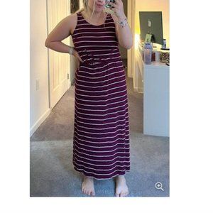 Merona Maroon and White Striped Maxi Dress with Elastic Waist Size L